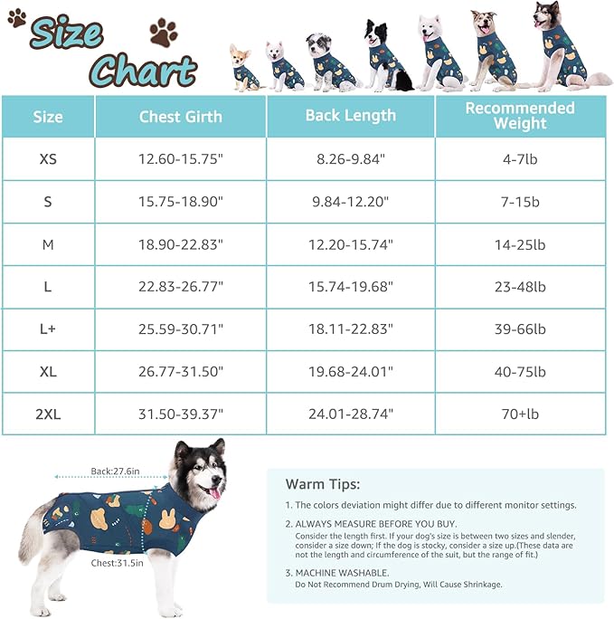 Recovery Suit for Dogs, Dog Surgery Recovery Suit with Zipper Closure Post Spay, Neuter, Abdominal Surgical Suit for Male Female Dogs Can Pee, Prevent Licking Dog Onesies, Blue Bear, 2XL