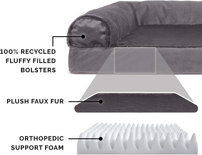Furhaven Orthopedic Dog Bed for Large/Medium Dogs w/ Removable Bolsters & Washable Cover, For Dogs Up to 55 lbs - Plush & Velvet L Shaped Chaise - Platinum Gray, Large
