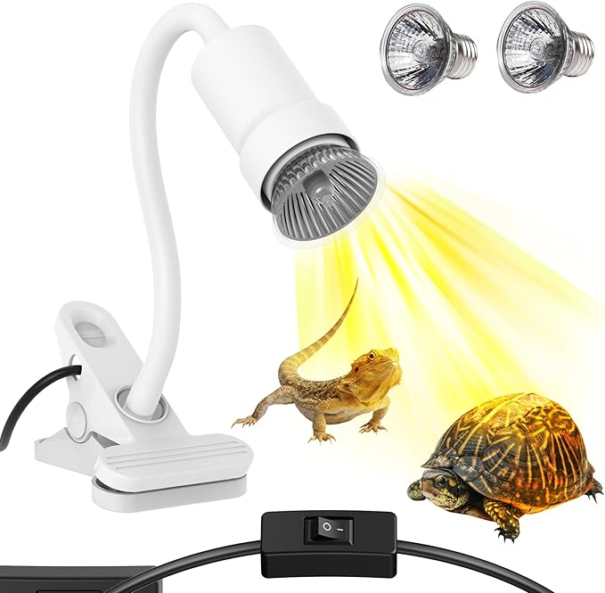 Reptile Heat Lamp, 360° Rotatable UVA/UVB Light Lamp with 2pcs Basking Bulbs (25W + 35W), Suitable for Snake, Lizard, Bearded Dragon, Reptiles, Turtle (White)