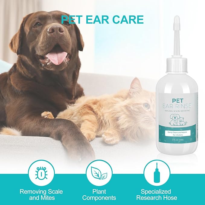 Dog Ear Cleaner Set, 4oz Dog Ear Cleaning Solution & 20pcs Cotton Swabs & 20pcs Finger Covers, Ear Cleaner for Cats