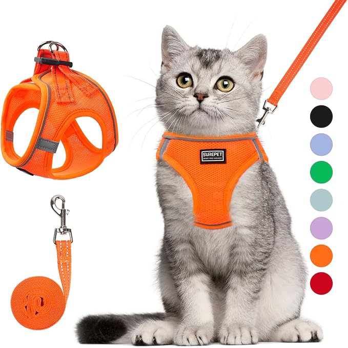 Cat Harness and Leash Set, Soft and Breathable Vest with Reflective Strip, Escape Proof Kitten Harness, Easy to Wear for Cats Walking and Traveling (Orange, S)