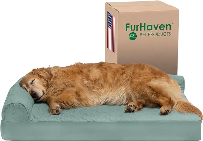 Furhaven Cooling Gel Dog Bed for Large Dogs w/ Removable Bolsters & Washable Cover, For Dogs Up to 95 lbs - Pinsonic Quilted Paw L Shaped Chaise - Iceberg Green, Jumbo/XL