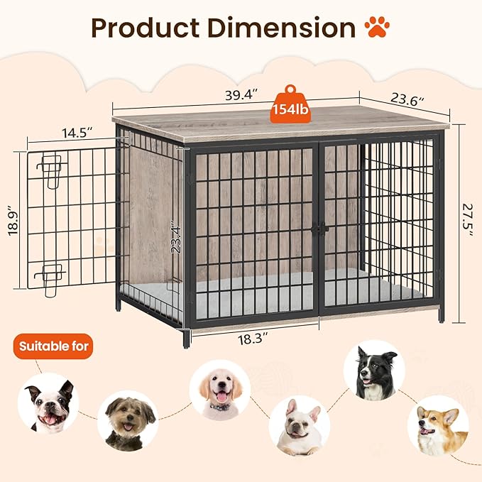 Dog Crate Furniture with Cushion, Wooden Dog Kennel with Double Doors, Heavy Duty Dog Cage for Small/Medium/Large Dogs, Indoor Dog House End Table, 39.4" L, Greige DCHG10701