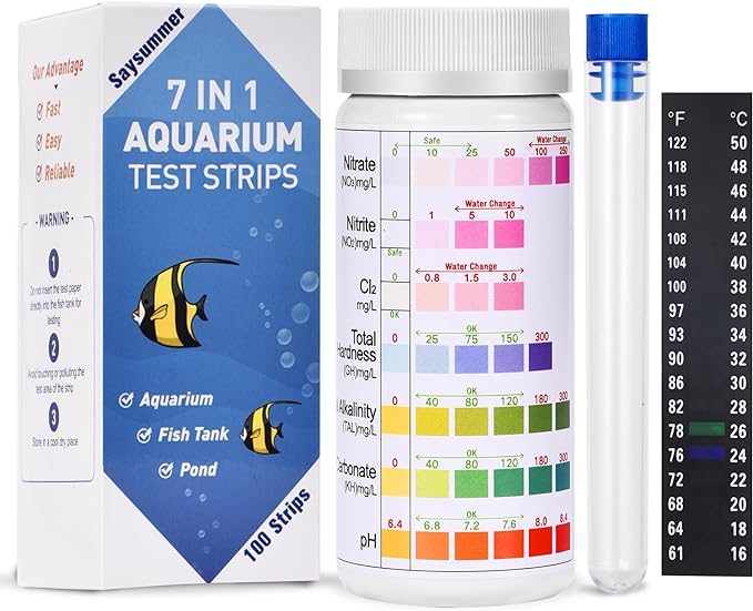 7-Way Aquarium Test Strips, 100 Strips Aquarium Testing Kit for Freshwater, Fish Tank Pond Test Strips Testing pH, Alkalinity, Nitrite, Nitrate, Chlorine, Carbonate, Hardness