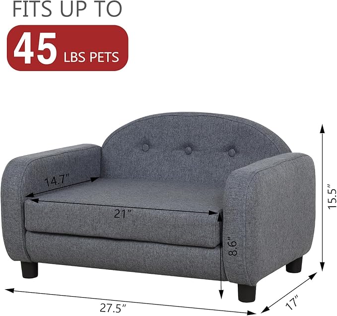 Dog Sofas and Chairs for Small Pet/Cat Sofa Bed with Wooden Frame/Bed for dogs with Linen Fabric/Cat Sofa Chair with Cushion/Dog Couch for Small Dog Rest Using (Grey)