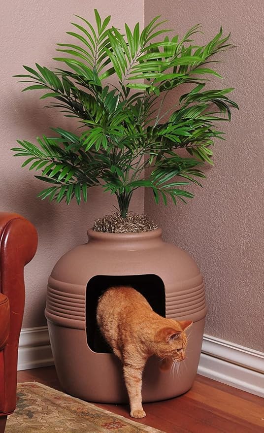 Good Pet Stuff, The Original Hidden Litter Box Base Kit, Round Enclosed Cat Litter Box Planter With Artificial Plants, Vented Carbon Odor Filter System, Florist Moss, Easy to Clean, Mocha Brown