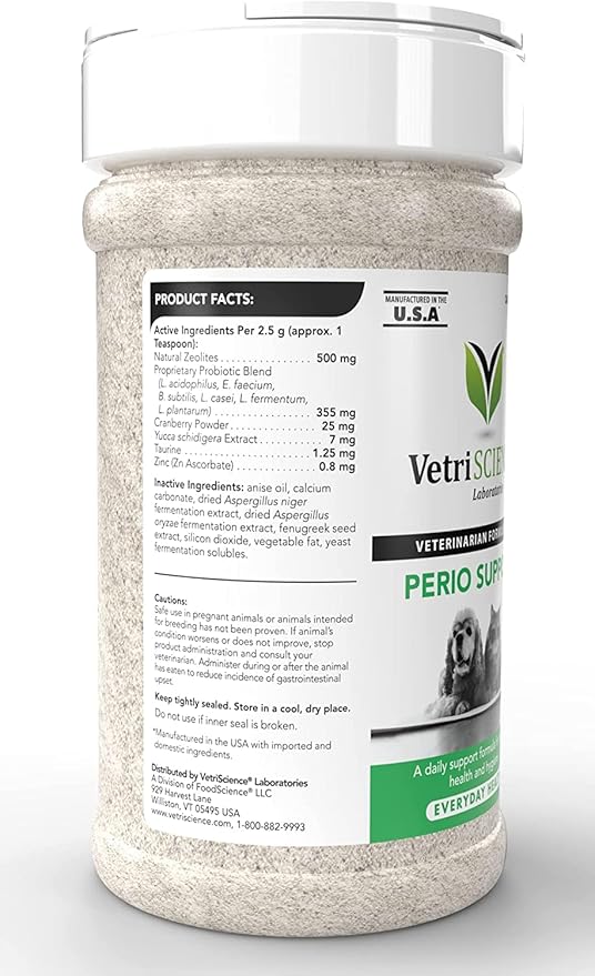 VetriScience Perio Support Cat & Dog Teeth Cleaning Dental Powder, 4.2oz - Cat & Dog Breath Freshener - Clinically Proven Plaque and Tartar Support