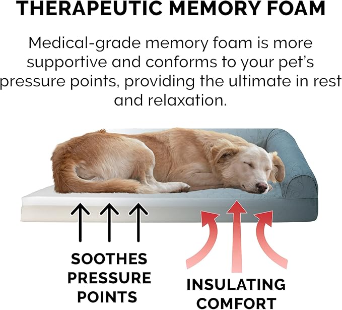 Furhaven Memory Foam Dog Bed for Large Dogs w/ Removable Bolsters & Washable Cover, For Dogs Up to 95 lbs - Pinsonic Quilted Paw L Shaped Chaise - Bluestone, Jumbo/XL