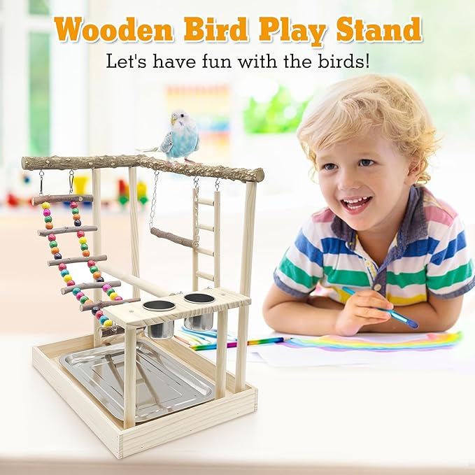 Hamiledyi Bird Playground Parrots Wood Perch Stand Cockatiel Playground Bird Play Gym Colours Climb Ladders Swing Chewing Toys with Parakeet Feeding Cups Exercise Activity Center for Lovebirds Conure