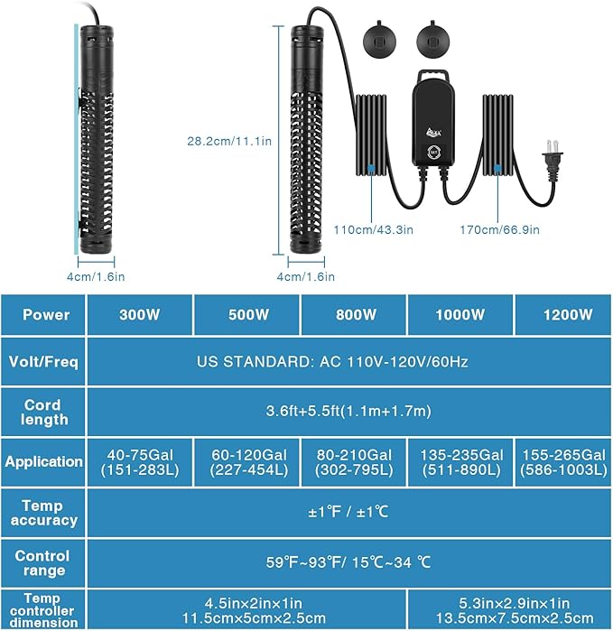 AQQA Aquarium Heater,300W 500W 800W 1000W 1200W Fish Tank Heater,59℉-93℉ Submersible Intelligence Aquarium Heater with Over-Temperature Dry Burning Protection (300W(for 40-75 Gallon))