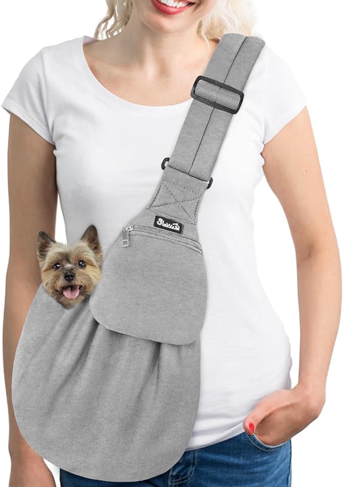 SlowTon Dog Carrier Sling - Thick Padded Adjustable Shoulder Strap Dog Carriers for Small Dogs, Puppy Carrier Purse for Pet Cat with Front Zipper Pocket Safety Belt Machine Washable (Grey Knitted, M)