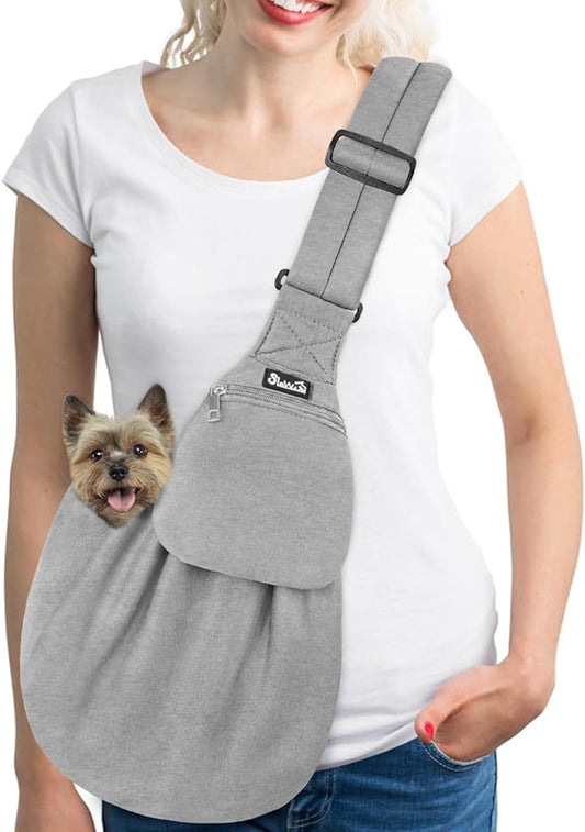 SlowTon Dog Carrier Sling - Thick Padded Adjustable Shoulder Strap Dog Carriers for Small Dogs, Puppy Carrier Purse for Pet Cat with Front Zipper Pocket Safety Belt Machine Washable (Grey Knitted, M)