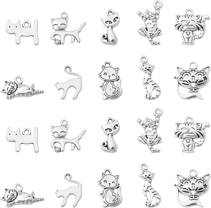 Stiesy 100 Pcs 10 Styles Tibetan Style Cat Charms Antique Silver Cute Kitten Pet Charms Pendants for DIY Bracelet Necklace Jewelry Making