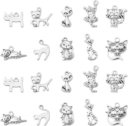 Stiesy 100 Pcs 10 Styles Tibetan Style Cat Charms Antique Silver Cute Kitten Pet Charms Pendants for DIY Bracelet Necklace Jewelry Making