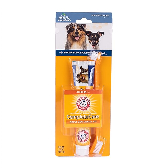 Arm & Hammer Complete Care Dog Dental Kit | 2.5oz Chicken Flavored Dog Toothpaste, Double Side Dog Toothbrush, Rubber Dog Finger Brush| Arm & Hammer Baking Soda Enhanced Formula