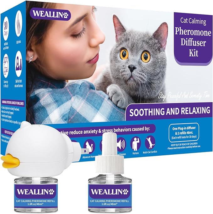 Cat Calming Diffuser Kit - Cat Pheromones Calming Diffuser Relieve Anxiety & Stress - 3-in-1 Cat Pheromone Diffuser Kit with 1 Diffuser + 2 refill 48ml Vial - 60 Days of Comfort and Relaxation