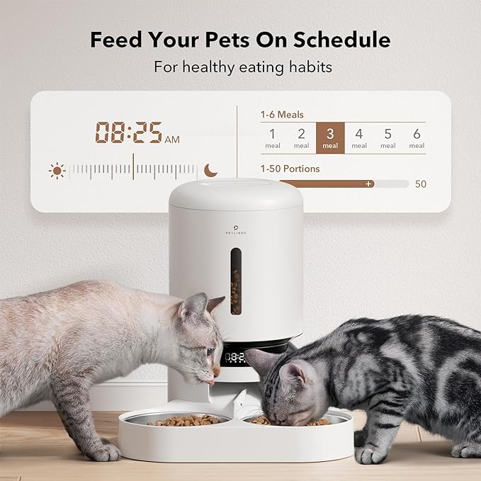 PETLIBRO Automatic Cat Food Dispenser for Two Cats 5L Auto Cat Feeder Dry Food Dispenser with Splitter & 2 Stainless Bowls, 10s Meal Call and Timer Setting 50 Portions 6 Meals Per Day for Cat and Dog