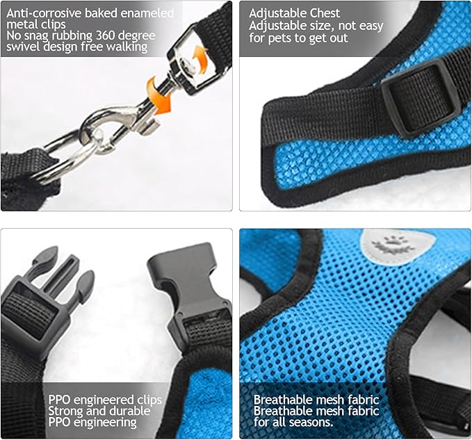 Summer cat Chest Harness and Leash, Anti-Escape Adjustable Soft mesh cat Leash and Chest Harness Set for All Types of Cats cat Vests (Size S, Sky Blue)