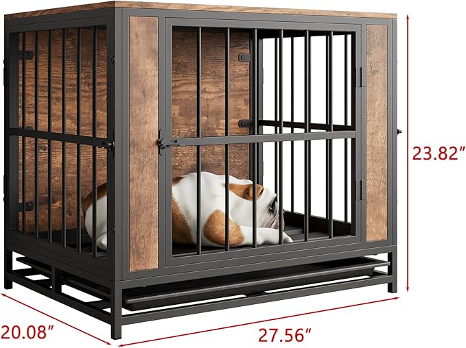 Dog Crate Furniture, Metal and Wooden Dog Crate, Dog Kennels with 3 Doors Indoor, Pet Puppy Crate End Table for Medium/Small Dog, Heavy Duty Dog House, Rustic Brown and Black