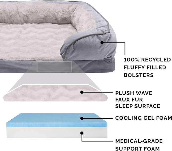 Furhaven Cooling Gel Dog Bed for Large Dogs w/ Removable Bolsters & Washable Cover, For Dogs Up to 95 lbs - Plush & Velvet Waves Perfect Comfort Sofa - Granite Gray, Jumbo/XL, 40.0"L x 32.0"W x 9.5"Th