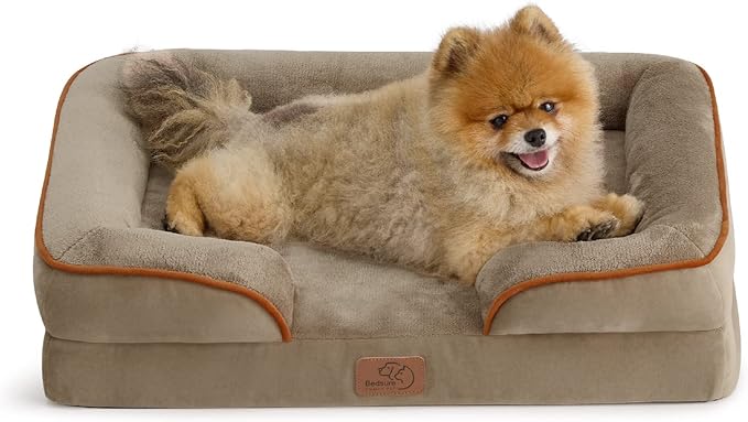 Bedsure Small Orthopedic Dog Bed - Washable Bolster Dog Sofa Beds for Small Dogs, Supportive Foam Pet Couch Bed with Removable Washable Cover, Waterproof Lining and Nonskid Bottom Couch, Hazel