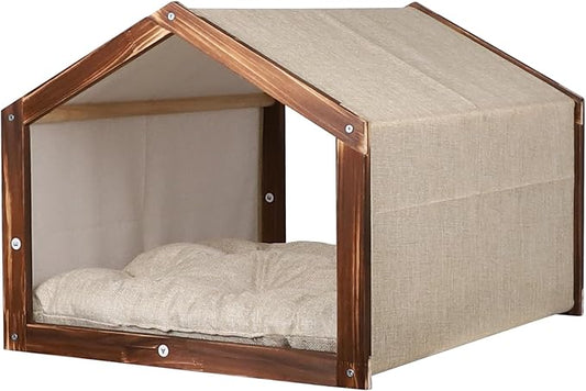 Dog House with Wooden Frame for Small Dogs or Cats Pet House with Fabric Cushion for Indoor (Beige)