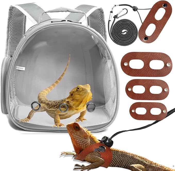 Lizards Travel Backpack with Harness and Leash Set,Bearded Dragon Backpack Travel Carrier,Space Capsule Clear Bubble Window Astronaut Reptile Carrier Backpack for Guinea Pig, Airline Approved