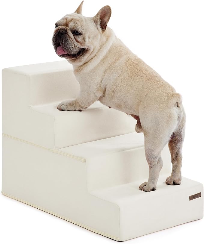 Lesure Dog Stairs for Small Dogs - Pet Stairs for Beds and Couch, Folding Pet Steps with CertiPUR-US Certified Foam for Cat and Doggy, Non-Slip Bottom Dog Steps, Beige Linen-Like Fabric, 4 Steps