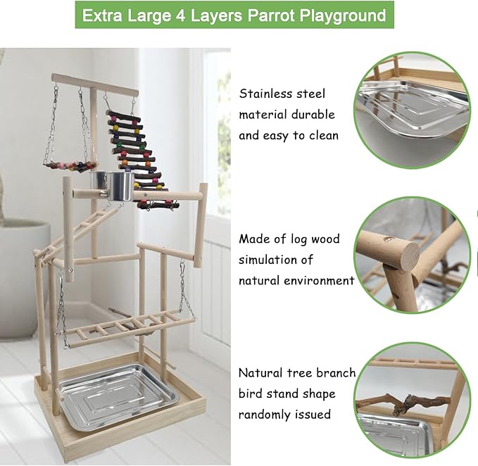 Hamiledyi 4 Layers Large Bird Playground 32" H Pet Parrot Playstand Gym Perch Wood Playpen for Parakeets Lovebirds Conure Cockatiel Cockatoos Finch Budgies or Other Small and Medium-Sized Birds