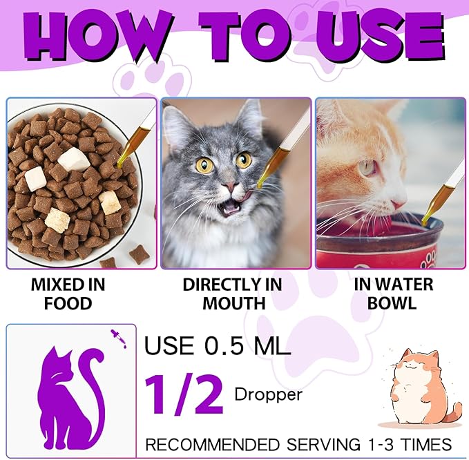 Cat Multivitamin - 15 in 1 Multivitamin Drops for Cats, Cat Supplements Vitamins with Glucosamine & MSM Supports Joint Care, Skin & Coat, Pets Supplies Vitamins for Cats, Bacon Flavor - 2 Fl Oz / 60ml