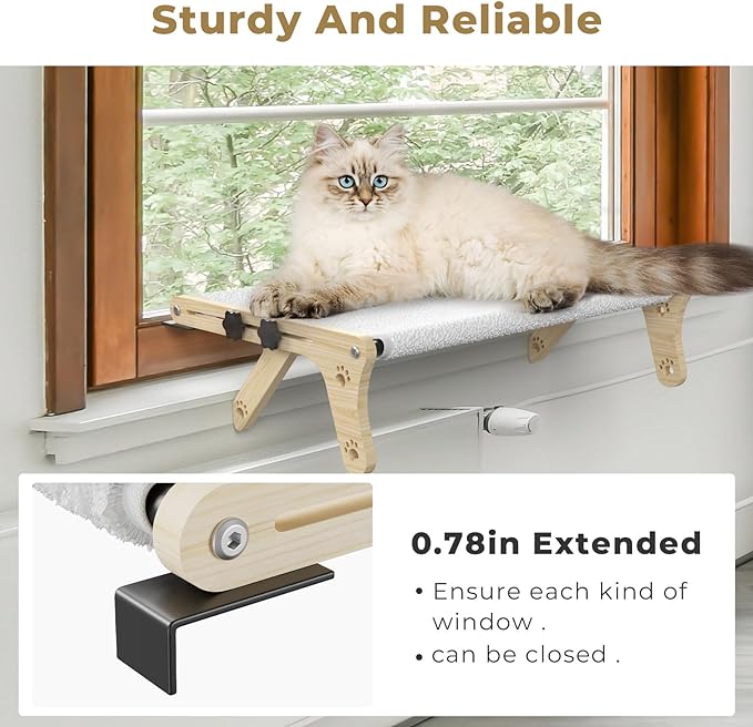 Cat Window Perch, Cat Window Hammock with Wood & Metal Frame for Large Cats, Adjustable Cat Perch for Windowsill, Bedside, Drawer and Cabinet (Dual-Use, X-Large Size - 27.5'')