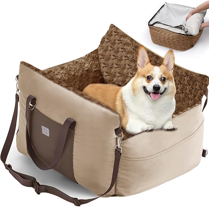 Small Dog Car Seat: Safe Comfy Travel Rides - Portable Multifuctional Puppy Bed for Carseat - Pet Booster Seats Up to 25lbs, Beige