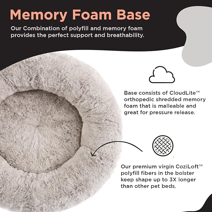 Best Friends by Sheri SnuggleSoft Faux Rabbit Fur Memory Foam Calming Donut Bed for Dogs and Cats, Brown, 23" x 23"