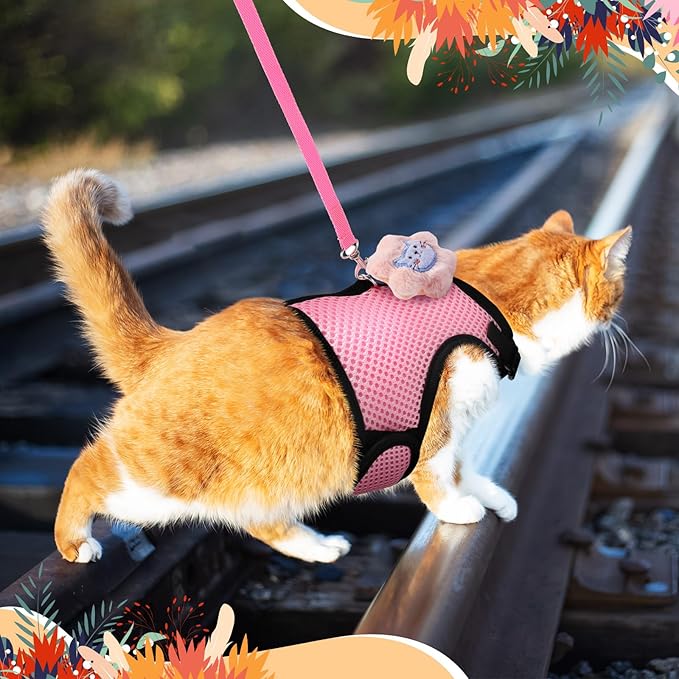 Rabbit Harness and Leash Set with 2 Cute Decorations Soft Adjustable Buckle Breathable Mesh Vest Harness for Rabbits Ferret Small Pig Puppy Walking Supplies (Pink,Cute Pattern)