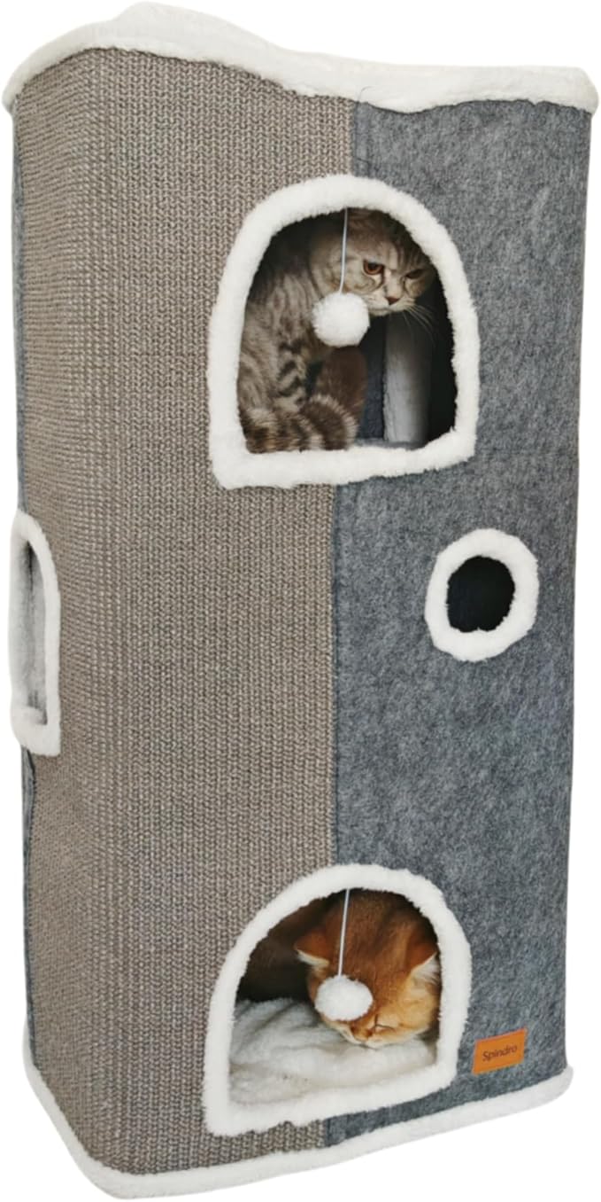 4-Level Cat House for Indoor Cats, Large Adult Cat Cave Bed Cats Cube House with Scratch Pad Cat Towers, Cute Kitten Condo Hideaway Hut with Soft Pillow Mat for Multi Pets Under 55 lbs