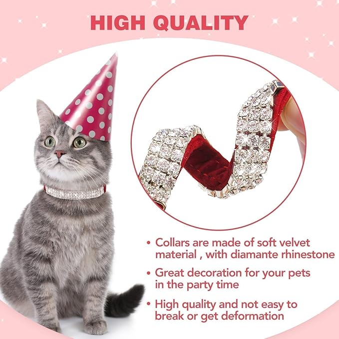 BINGPET Diamond Cat Collar,Adjustable Soft Velvet Leather Safe Kitten Collar with Shiny Rhinestones and Bells,Girl Boy Bling Stylish Cat Collars with Safety Elastic for Small Medium Cats,Red