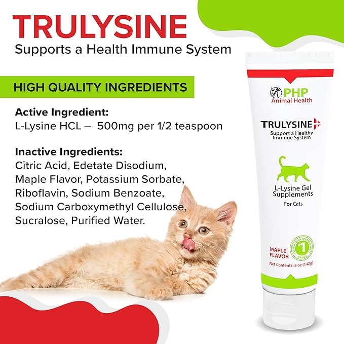 Trulysine Viralysine L-Lysine Gel Supplement for Cats, 5oz - Cats & Kittens of All Ages - Immune Health - Sneezing, Runny Nose, Squinting, Watery Eyes - Maple Flavor (142 Grams (500mg / Serving))