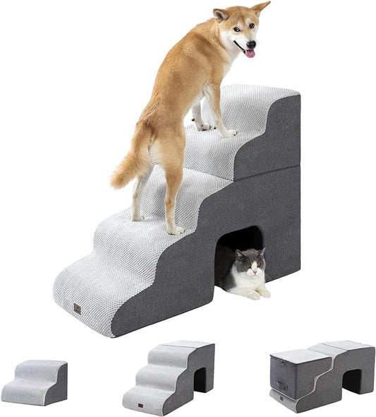 Dog Stairs Ramp for High Beds and Couch,Curved Dog Steps for Small Dogs and Cats Pet Stairs Non-Slip Balanced Portable Pet Step Indoor, 5 Steps,Grey