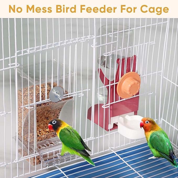 Bird Water Dispenser, Automatic Bird Feeder for Cage,No Mess Bird Feeder, Parakeet Seed Container Food Feeder Drinker for Cage, Parrot Feeder Cage Accessories，Cockatiel Canary Lovebirds Budgies (Red)