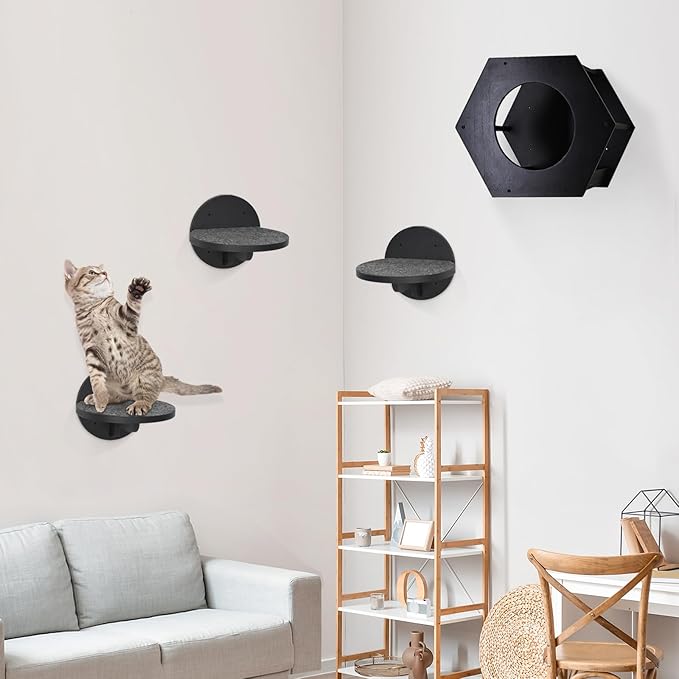 Y&ME YM 3-Packs Cat Climbing Shelves Wall Mounted, Cat Wall Steps Shelves, Cat Wall Shelves with Scratching Pad, Cat Wall Furniture for Cats Sleep Climb Play, Cat Shelves Cat Stairs Cat Ladder (Black)