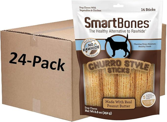 SmartBones Churro-Style Sticks 14 Count, Made with Real Peanut Butter, Rawhide-Free Chews for Dogs 14 Count (Pack of 24)