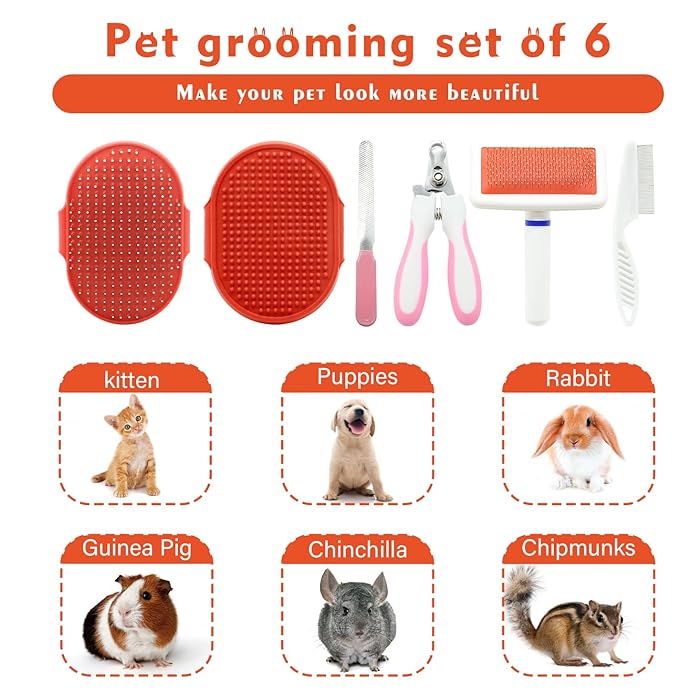 Cat Grooming Kit Set with Pet Shedding Slicker Brush Nail Clipper Trimmer Pet Massage Bath Glove Flea Comb for Bunny Puppy Kitten Guinea Pig Chinchilla Ferret Small Animals (Red, Pink)