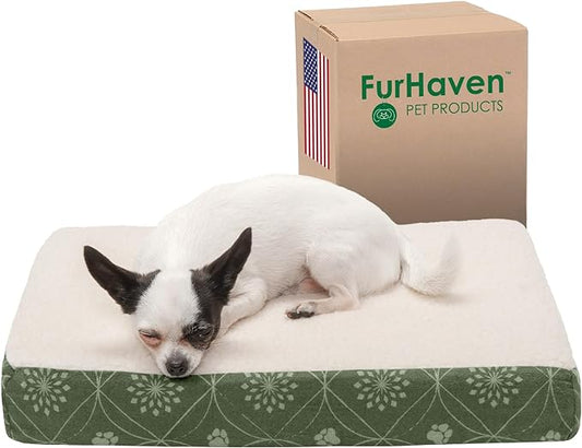 Furhaven Memory Foam Dog Bed for Small Dogs w/ Removable Washable Cover, For Dogs Up to 20 lbs - Sherpa & Flannel Paw Print Deluxe Mattress - Jade Green, Small