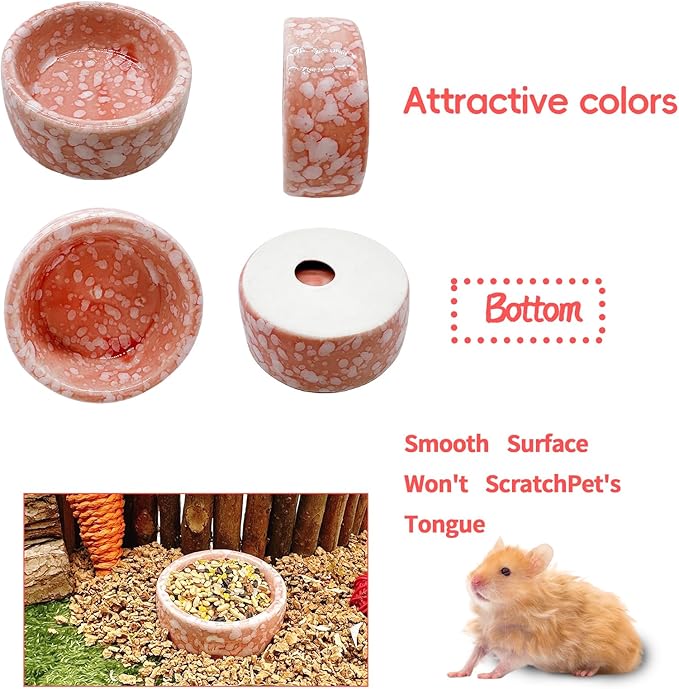 kathson 4 Pcs Hamster Food Bowl Guinea Pig Ceramic Water Bowl Small Animal Feeding Dish for Dwarf Hamster Gerbil Syrian Ferret Hedgehog Chinchilla Bunny (Pink)