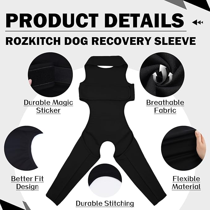 ROZKITCH Dog Surgery Recovery Sleeve Rear Right Left Leg, Pet Prevent Licking Wound Elbow Brace Protector, Dog Recovery Suit Cone Collar Alternative for Sprain ACL CCL Arthritis Joint Care Black S