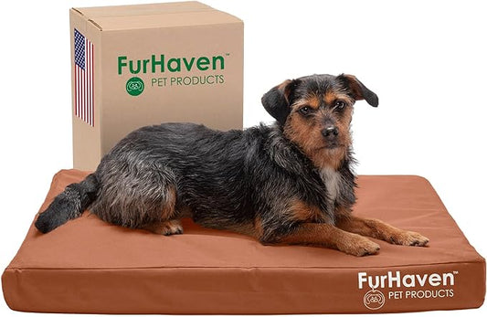 Furhaven Water-Resistant Cooling Gel Dog Bed for Medium/Small Dogs w/ Removable Washable Cover, For Dogs Up to 35 lbs - Indoor/Outdoor Logo Print Oxford Polycanvas Mattress - Chestnut, Medium