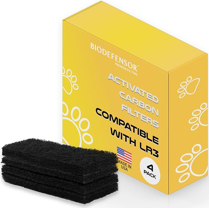 Biodefensor Carbon Filters Compatible with Litter-Robot 3 - Made in USA - Thick True Charcoal Absorbs Odors & Controls Moisture - Pet Safe, Non-Toxic, Free of VOCs - Keeps Home Smelling Fresh, 4 Pack