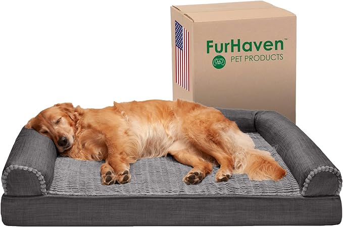 Furhaven Orthopedic Dog Bed for Large Dogs w/ Removable Bolsters & Washable Cover, For Dogs Up to 95 lbs - Luxe Faux Fur & Performance Linen Sofa - Charcoal, Jumbo/XL