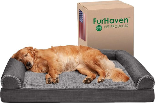 Furhaven Orthopedic Dog Bed for Large Dogs w/ Removable Bolsters & Washable Cover, For Dogs Up to 95 lbs - Luxe Faux Fur & Performance Linen Sofa - Charcoal, Jumbo/XL