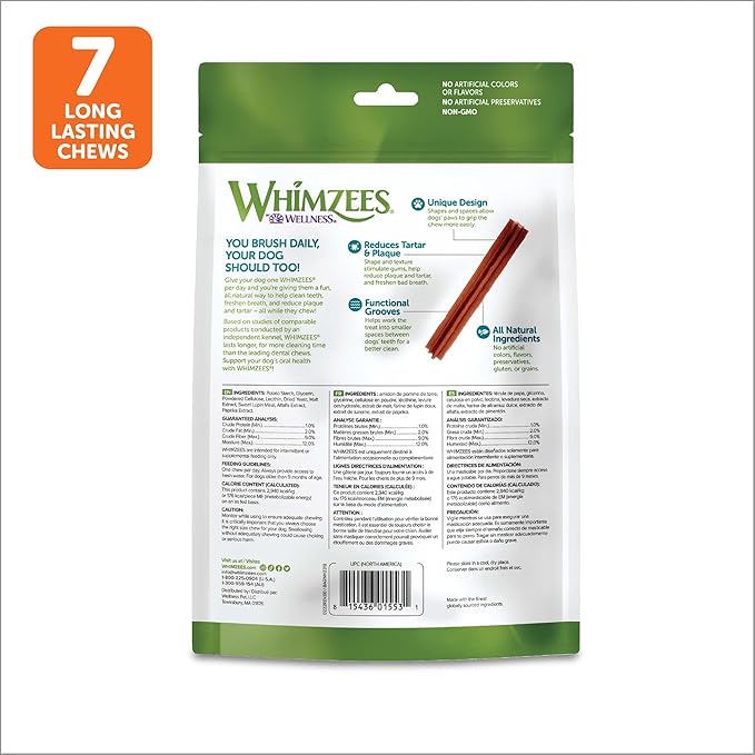 WHIMZEES by Wellness Stix Natural Dental Chews for Dogs, Long Lasting Treats, Grain-Free, Freshens Breath, Large Breed, 7 count